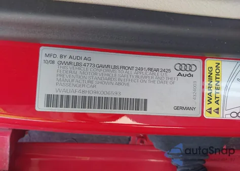 2009 Audi A4 2.0T Special Edition from USA, damaged, VIN WAUAF48H09K006593